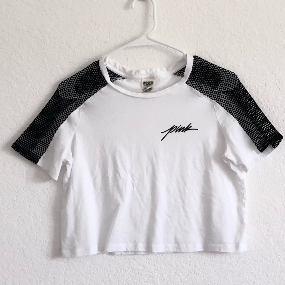 PINK CROP TOP, white and black mesh sleeves